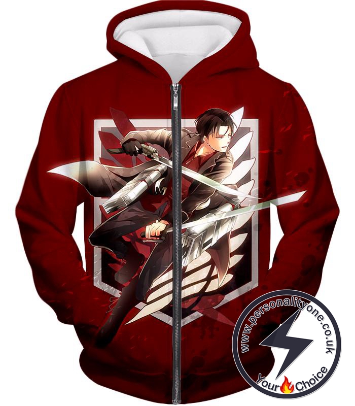 Attack on Titan Humanitys Strongest Soldier Levi Ackerman of Survey Corps Cool Red Zip Up Hoodie